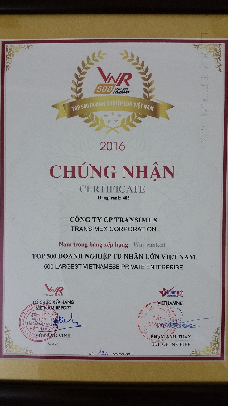 Transimex Corporation is qualified as TOP 500 Company (VNR500)